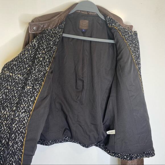 Gap Brown Leather Boucle Tweed Moto Jacket M - Picture 6 of 12